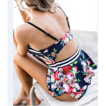 Women Floral Sexy Peplum Swimsuit Stripes Printing Ruffled Bikini Set Push Up Swimwear Beach Wear Bathing Suit